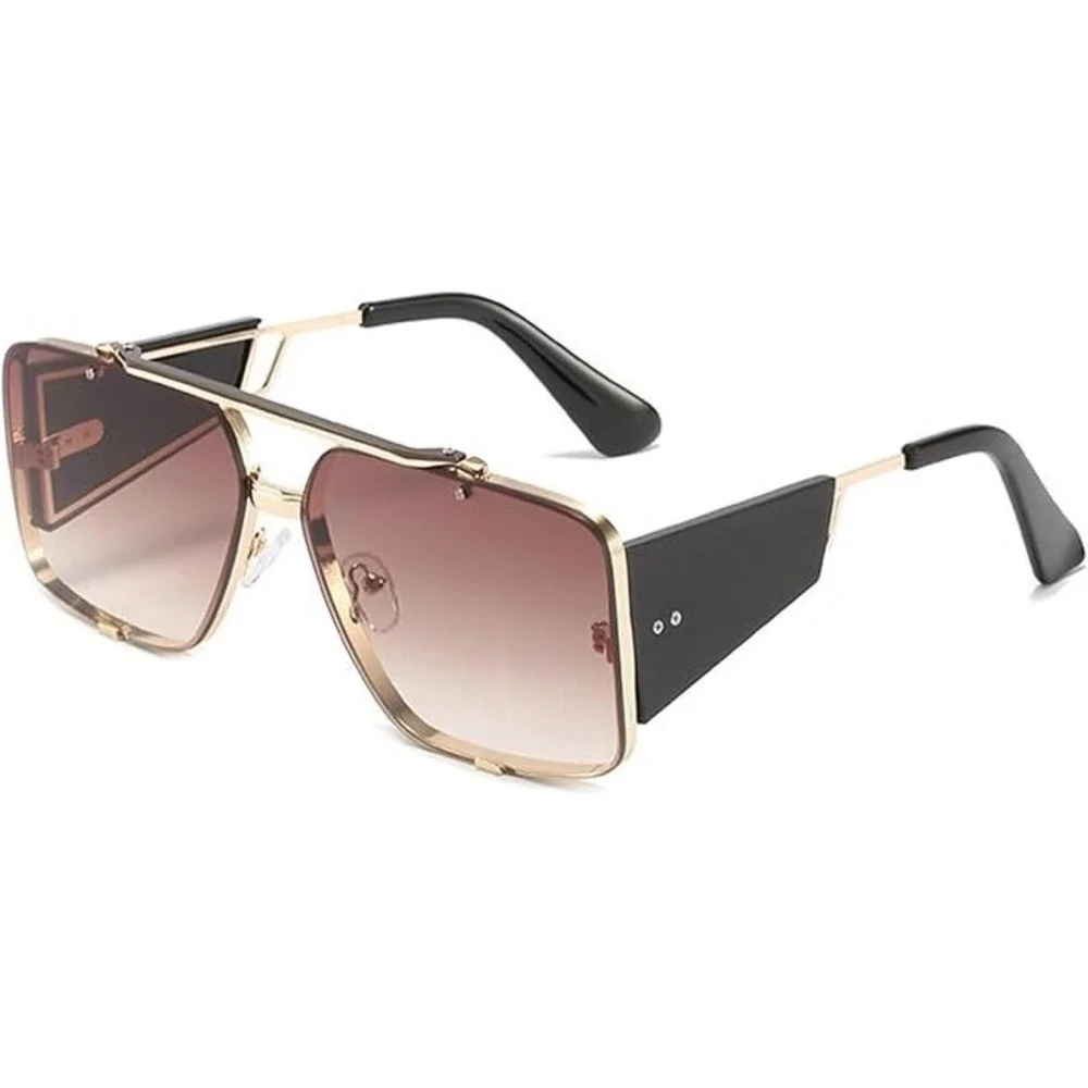 Mens Oversize Square Sunglasses Gold Frame Gradient Brown Lenses Fashion Eyewear